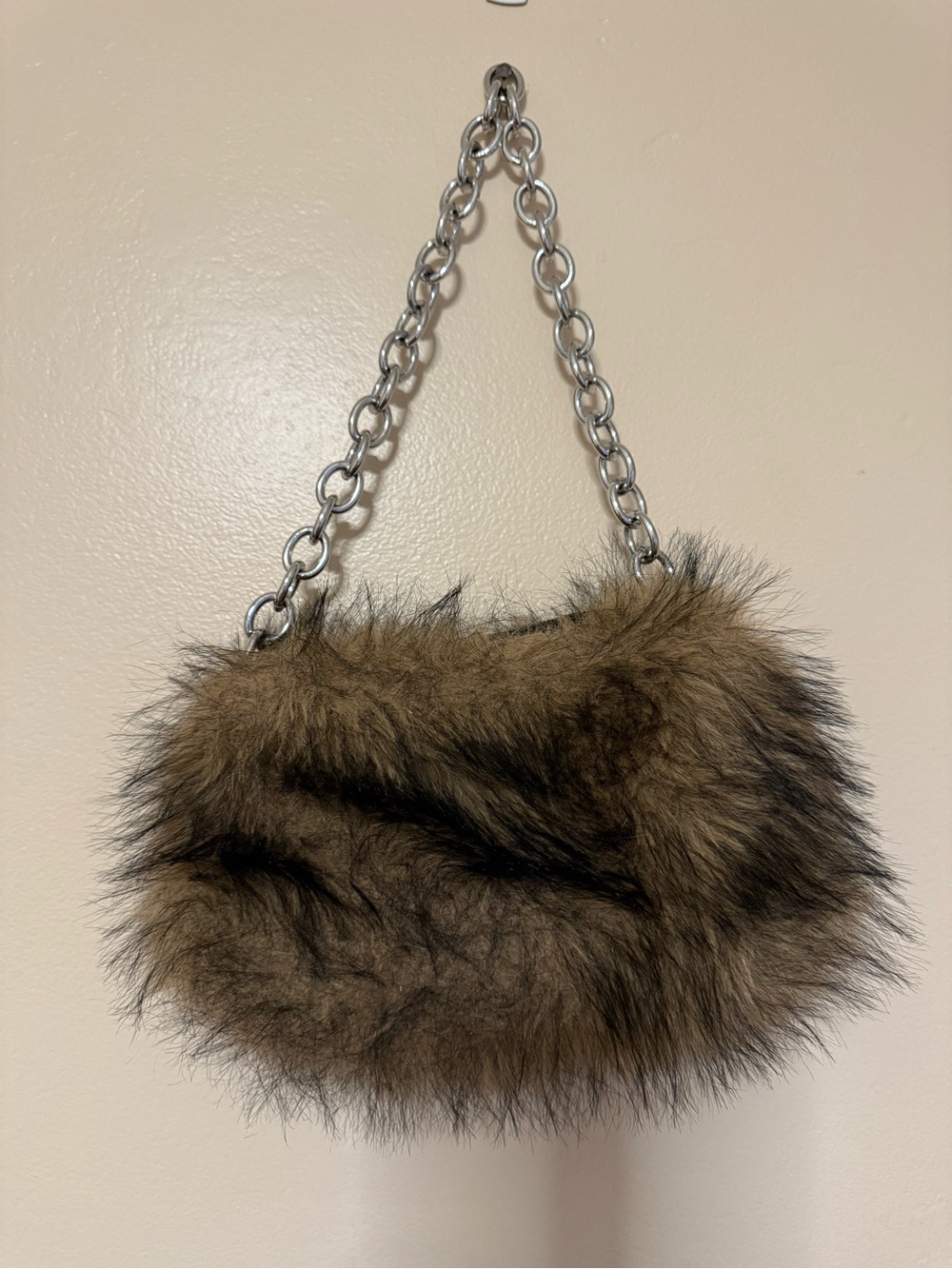 Faux Fur Chain-Handle Shoulder Bag in Brown